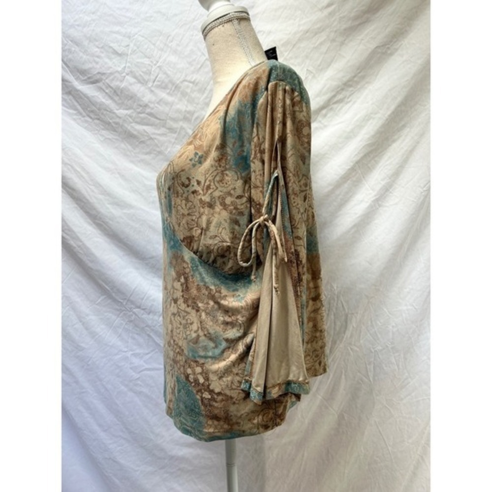 No Boundaries Top 1X Teal Brown Floral V-Neck 3/4 Sleeve Boho Blouse‎ y2k 2000s - Picture 3 of 7